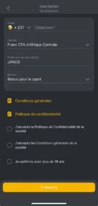 Capture d'écran de la page d'inscription de Betandyou APK